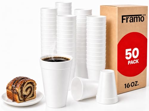 16 oz Insulated Foam Cups [50 Pack] Disposable Coffee Cups for Hot & Cold Drinks Lightweight White Drinkware for Home Office Church Catering Parties BBQ Events & Breakrooms