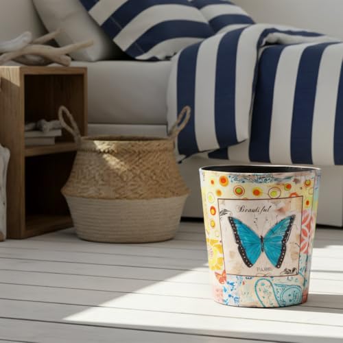Image of PU Leather Small Trash Can Wastebasket, Round Garbage Container Basket for Bathrooms, Laundry Room, Kitchens, Offices, Kids Rooms, Bedrooms,Dorms,Home Decorative Art Bin, 2.9 Gallon(Blue Butterfly)