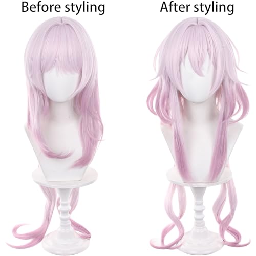 Image of Anime Pink Long Straight Wig with Ponytail and Bangs Women Jellyfish-Bob Adult March 7th(Evernight) Wigs Halloween,Christmas,Comic con,Game Show,Party
