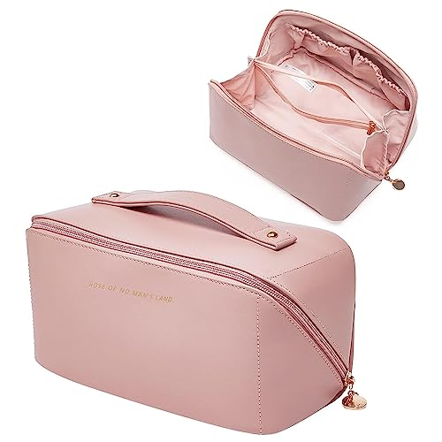 Image of ARLICORPING Large Capacity Cosmetic Travel Bag, Women's Makeup Travel Bag Portable Leather Cosmetics Bag, Makeup Storage Bags with Handle and Divider, Wide Opening Cosmetic Organizer. (Pink)