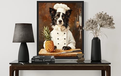 Image of aj decor Border Collie Chef Kitchen Wall Art Print Poster, Dog Pet Lover Picture Painting Artwork Bedroom Living Room Office Dining Room 150D (Border Collie Chef Kitchen, 16 x 20 inches, Black Frame)