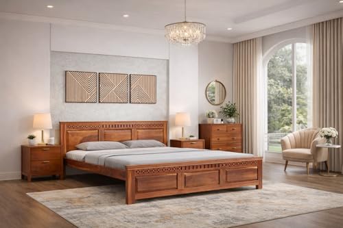 Image of Kuber Sheesham Wood King Size Bed Without Storage (81x74 Inch) | Wooden Double Bed Cot for Bedroom Furniture | Modern Palang Design for Home & Hotels | Honey Finish