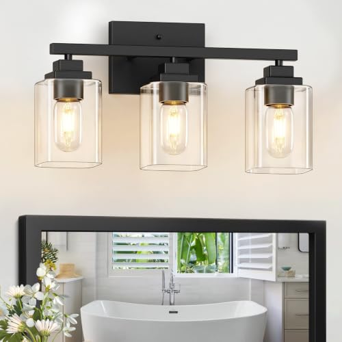 Image of Matte Black Bathroom Light Fixtures, 3-Light Vanity Lights over mirror