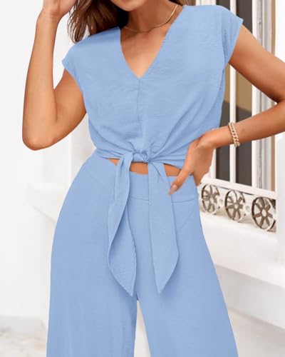 Image of PRETTYGARDEN Women's Summer 2 Piece Outfits 2026 Cap Sleeve V Neck Belted Crop Tops Wide Leg Pant Sets Casual Tracksuit