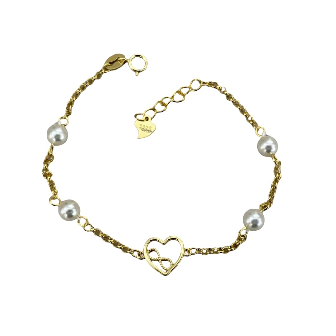 Pulsera Infantil Plata de Ley 925 Chapada en Oro con Corazón Infinito y Perlas Cultivadas, Primera Comunión, 16cm + 2cm Ajustable