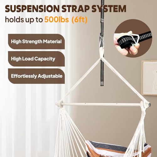 Image of Chihee Hammock Chair Foot Rest 2 Cushions Max 500lbs Metal Spreader Bar | Robust Hanging Chair Soft Cotton Blended Swing Collapsible Easy Storage Strong Strap Iron Carabiner Pocket Indoor Outdoor