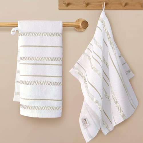 VOOVA & MOVAS Cotton Stripe Dish Towels Set 2PC Hand Towels with Hanging Loop - 16x25 inch | 100% Cotton | Soft | Absorb | Quik Dry | Lightweight White and Beige Stripe