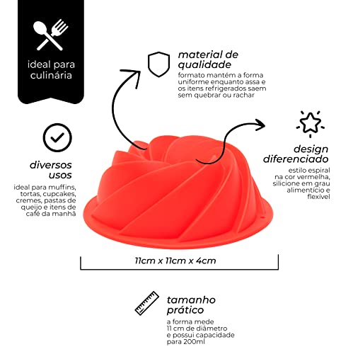 Mimo Style Forma de Silicone Vermelha para Assar com Design Espiral, Ideal para Flan, Pudim, Bolo, P