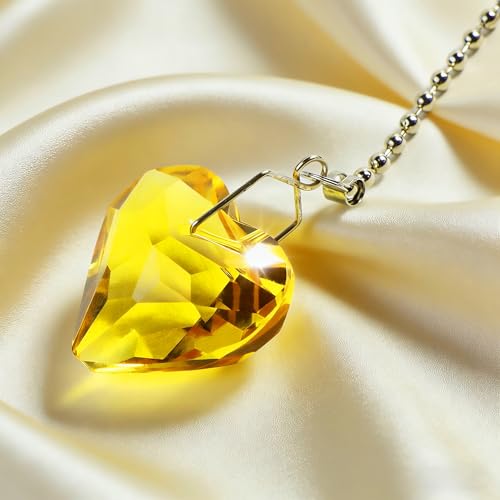Image of 2Pcs Crystal Ceiling Fan Pull Chain Extender with Connector, 12 inch | K9 Crystal Glass, Not Acrylic, Heart Prism, Cut-To-Length Adjustable, Snap-On Connector For Fan, Light, Lamp (Yellow)