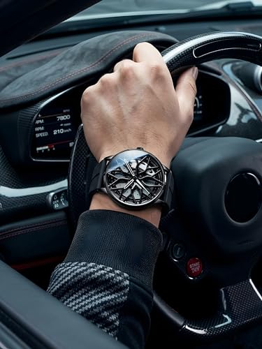 Image of Oculus Men's 3D Car Wheel Rotating Watch, Luxury Sport Quartz with Hollow Hub Dial, Magnetic Silicone Strap, Automotive-Inspired Design, Black Magnetic Straps