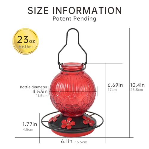 Glass Hummingbird Feeders for Outdoors Hanging, 23Oz Humming Bird Nectar Feeders with Perch, 5 Flower Feeding Ports, Leak Proof Base and Hook for Garden Decor, Gifts for Mom Women (Red) — view 3