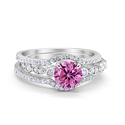 Blue Apple Co. Art Deco Trio Set Three Piece Bridal Set Ring Band Round Cubic Zirconia 925 Sterling Silver Wedding Engagement Promise Ring