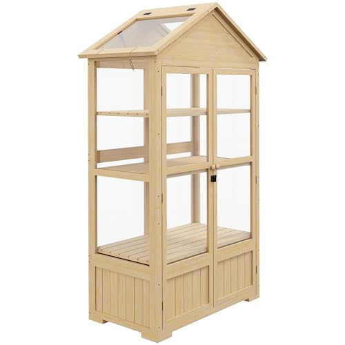 Preisvergleich Produktbild Outsunny Frühbeet aus Holz Abschließbar Gewächshaus Treibhaus mit 4 Ebenen, Dachfenster, Frühbeetkasten mit Doppeltür, für Garten, Balkon, Natur, 100 x 56,5 x 178 cm