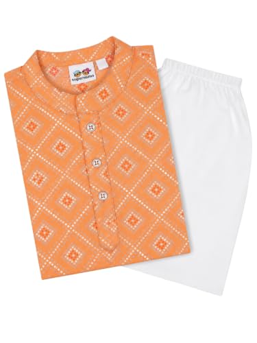 Image of superminis Boys Silver Foil Printed Kurta, Round Collar, Full Sleeves With White Pyjama Cotton Kurta Set