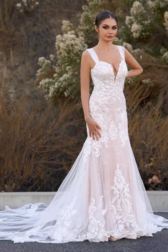 Spaghetti Straps Mermaid Wedding Dresses for Bride Long V Neck Lace Appliques Tulle Bride Gowns4