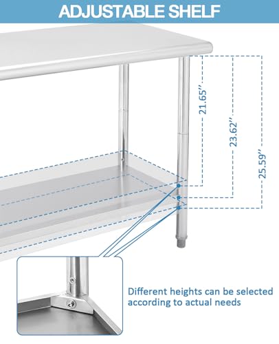 NSF Stainless Steel Prep Table, 60x24 in Heavy Duty Work Table with Adjustable Undershelf, Detachable Trash Bag Holder, Metal Workbench Workstation for Home Kitchen Restaurant