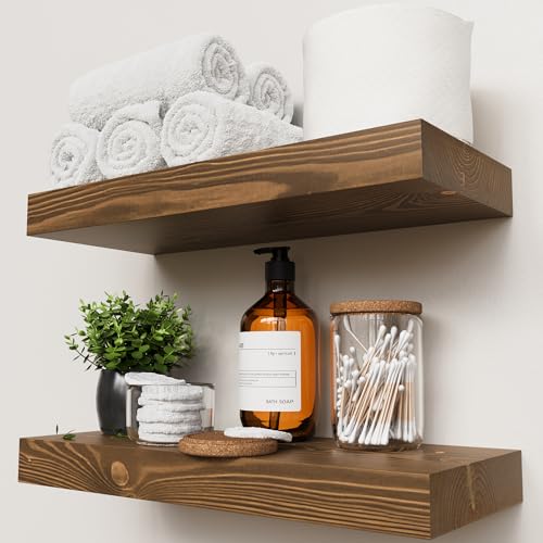 BAOBAB WORKSHOP Wood Floating Shelves for Wall Mounted, 16 inch Walnut Floating Shelf for Bathroom, Solid Wooden Wall Shelves for Kitchen Bedroom Farmhouse, Walnut Finish, 16 x 6.7, Set of 2