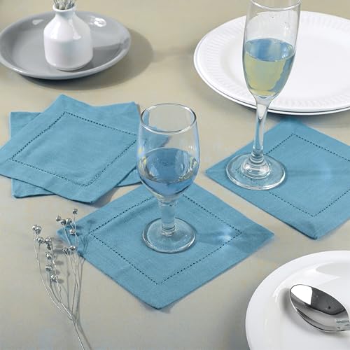Image of Fingercraft Cotton Cocktail Napkins 6x6 Inches - Set of 12 Reusable Cloth Beverage Coasters with Elegant Ladder Hemstitch - Perfect for Parties, Bars & Home Use (Powder Blue Slub)