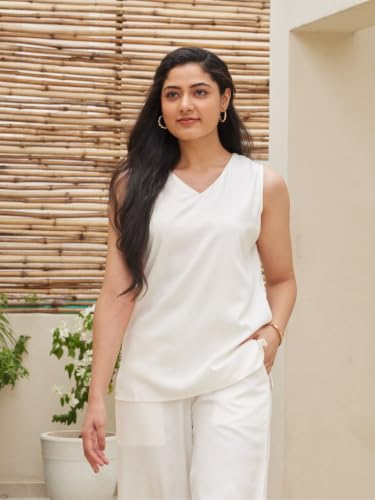 Image of SAADAA V-Neck Tops for Women| Viscose Fabric | Sleeveless Design | Relaxed Fit for Everyday Comfort | Office & Casual Wear
