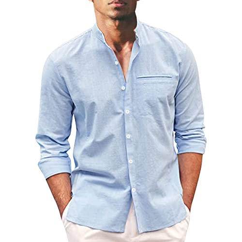 Mymyguoe Camisa de lino para hombre, camisa de manga larga, camisa de verano de gran tamaño, camisa de ocio ligera, informal, corte regular, camisa de verano, camisa de lino ligero, camisa de lino