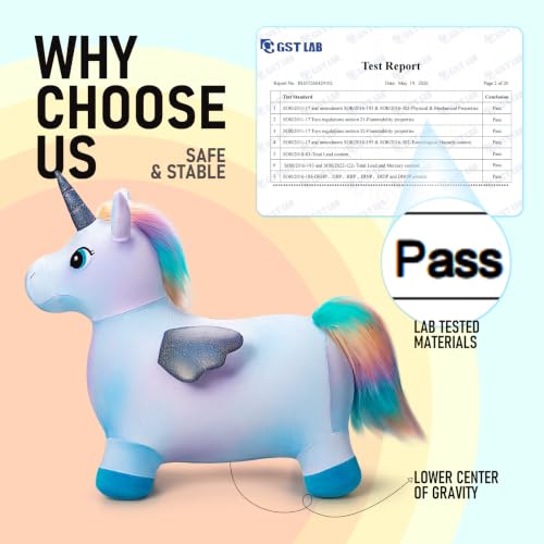 Image of EVERICH TOY Unicorn Horse Hopper, Plush Animal Hopping Toy for Toddler 18M+ | Inflatable Horse Hopping Toy for Boys Girls, Indoor Outdoor Plush Toy for 2 Year Old Kids, Gift for 2 3 4 5 6 Yrs W / Pump