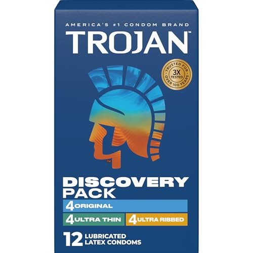 Trojan Discovery Pack, Assorted Latex Lubricated Condoms for Men, Original, Ultra Thin & Ultra Ribbed Varieties, 12 Count