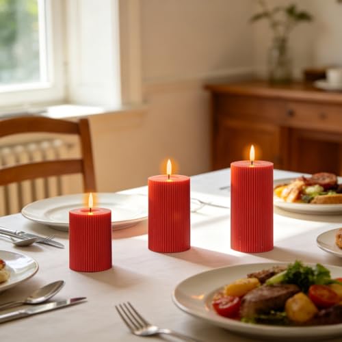 Image of Battery Operated Flameless Candles with 6 Hour Timer 3 Pack Real Wax Vertical Stripe 3D Wick Flickering LED Pillar Candles Dinner Wedding Christmas Holiday Decor(Red, 3 inch D x 5 inch, 6 inch, 7 inch H)