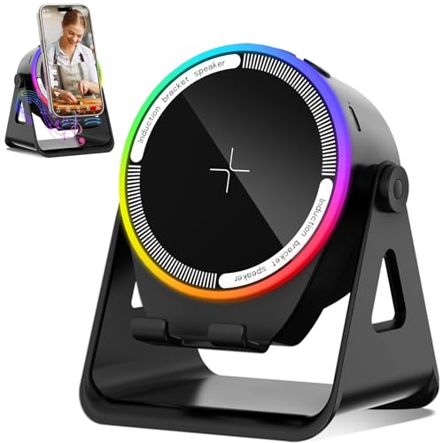 MRMORALE Wireless Induction Speaker, Multifunctional Bluetooth Phone Holder with RGB Light & 360 Rotation, HD Surround Sound, Compatible with iPhone/iPad/Android/Samsung