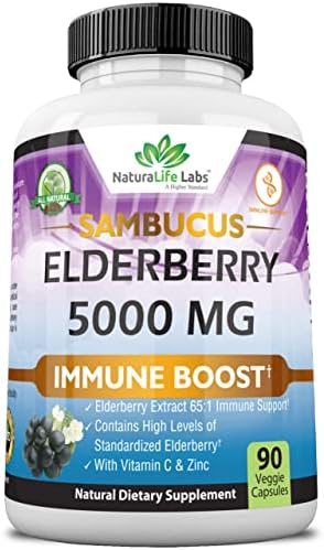 Sambucus Elderberry 5,000 mg Super Concentrated 65:1 with Vitamin C & Zinc - Sambucus Extract Immune Support, Immune Defense| Non-GMO | 90 Veggie Capsules