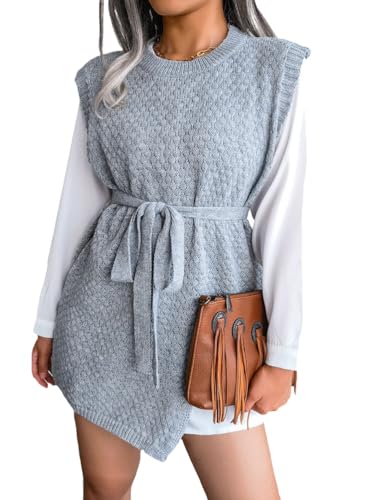 Kinghua Womens Sweater Dress Spring Fall Casual Crewneck Cap Sleeve Ribbed Pullover Tie Slit Loose Fit Knit Sweater Vest Tops