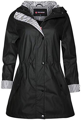 Urban Republic Womenâ€™s Lightweight Hooded Raincoat Jacket with Cinched Waist, Black, Size Medium