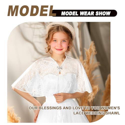White Girl Floral Embroidered Lace Shawl and Warps for Teen, Elegant Lace Wedding Shawls Guest Flower Girl4