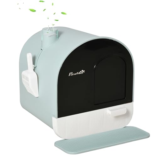 PawHut Lettiera per Gatti Chiusa, Casetta con Vassoio Estraibile, Paletta, Porta e Filtri Antiodore, Toilette per Gatti Antipertita con Tappetino, Verde, Bianco e Nero