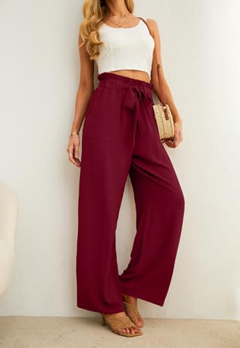 HiMONE Women's Petite Wide Leg Pants with Pockets High Waist Adjustable Knot Loose Casual Trousers Business Work Casual Pant Wine Red — view 2