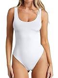 REORIA Women's Scoop Neck Sleeveless Bodysuits Sexy Backless Slimming Double Lined Basic Tank Top Body Suits White Medium