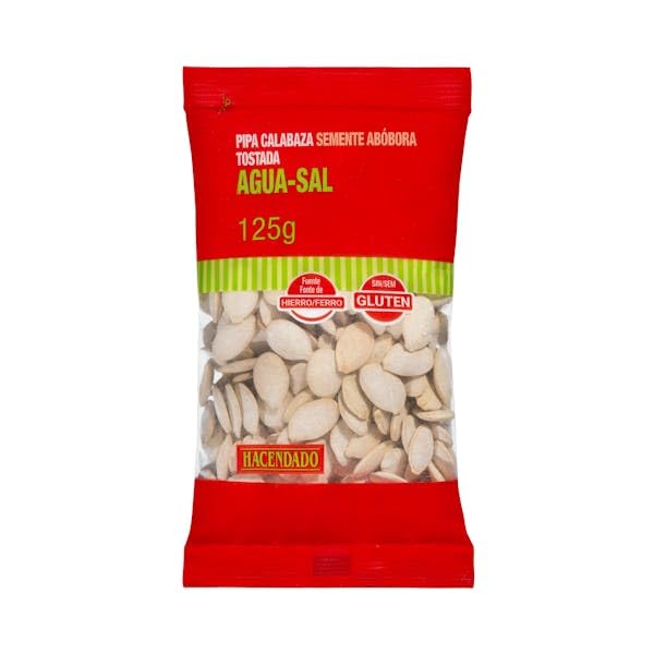 Hacendado Graines de Courge Grillées au Sel, Sans Conservateurs, Cultivées Sans Pesticides, 125g, Lot de 6