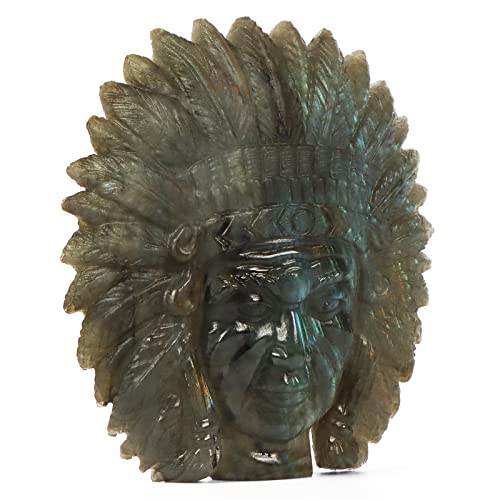 Smq 2.5" Labradorite Crystal Indian Chiefs Decor Skull Figurines,Hand Carved Native American Indian Chief Bust Head Statue Reiki Healing Stones Ornament For Home Office #TOP2