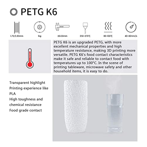 Filamento 3D, filamento PETG K6, filamento de impressora 3D de 1,75 mm 1 Kg (1,39 kg), resistente ao