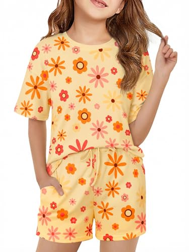 Image of Haloumoning Girls Summer 2 Piece Outfits Kids Oversized T Shirts and Shorts Clothing Sets 5-14 Years