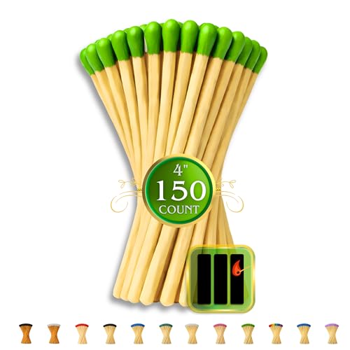Image of 150 Count | 4 inch Green Matches | Strikers Included | Color Tip Wooden Match | Refill for Matchstick Jars, Cloche Display, Holders & Bottles | 4 in inches Long