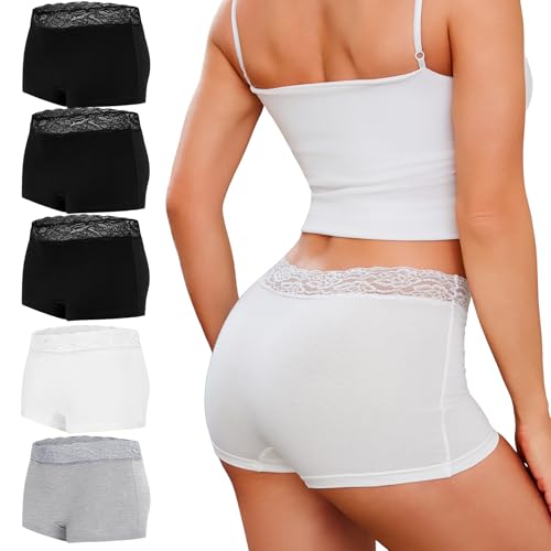 Leversic Boxershorts Damen Unterhosen Spitzen Panties Unterwäsche Frauen Baumwolle Stretch Hipster Bequeme Shorts Mehrpack, 5pcs-3 Schwarz+1 Grau+1 Weiß, L