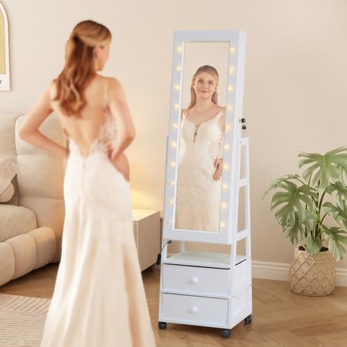 MASMIRE Jewelry Armoire Cabinet Organizer Standing with 20 LED Lights Lockable Full Length Mirror with Storage Shelves and 2 Drawers (White) Adjustable Tilt Angles Gift for Her