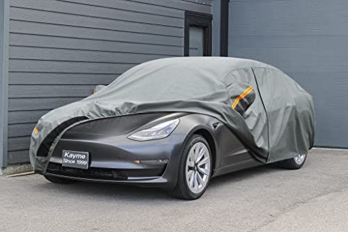 Image of Kayme Heavy Duty Car Cover Waterproof All Weather, Custom Fit for Tesla Model 3, Outdoor Full Exterior Cover with Charging Port and Breathable Ventilation Mesh, Rain Sun Protection.