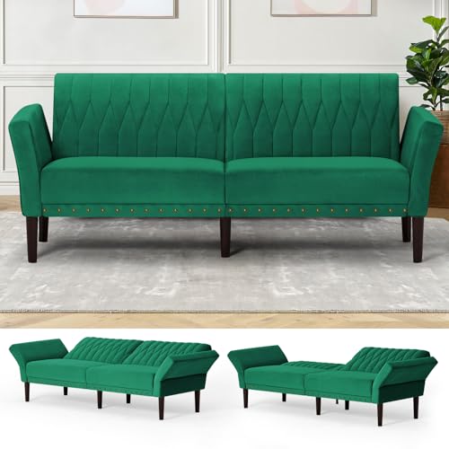 Lesofair 77 Inches Velvet Sofa Bed w/Adjustable Backrests & Armrests, Convertible Sleeper Sofa w/Nailhead Trim, Modern Loveseat Couch with Wooden Legs for Living Room,Bedroom,Office,Green