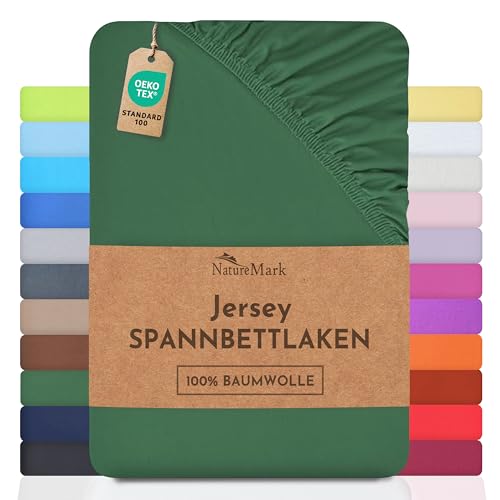 NatureMark Jersey Spannbettlaken Spannbetttuch 100% Baumwolle in vielen Größen und Farben MARKENQUALITÄT ÖKOTEX Standard 100 | 90 x 200 cm - 100 x 200 cm - dunkel grün