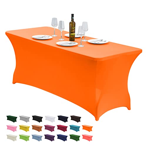 Image of CWK 6FT Waterproof Stretch Spandex Table Cover for Rectangular Tables - Elastic Fitted Tablecloth for Folding Tables,Wrinkle Resistant Table Cloth for Parties, Weddings,Banquets & Events(Light Orange)