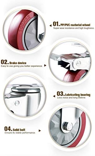 GBL 4" Heavy Duty Caster Wheels with 2 Brakes + Bolts and Nuts - up to 1320Lbs - Set of 4 No Floor Marks Silent Castor for Furniture - Trolley Pallet Swivel Wheels - Silver Casters