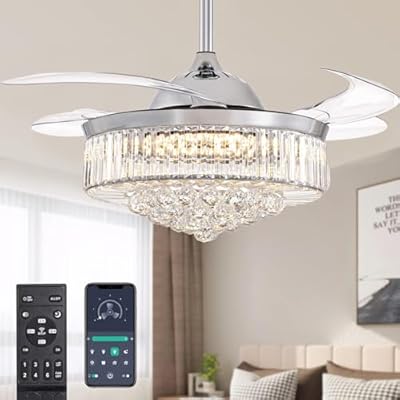 Moooni Modern 42 Inches Dimmable Fandelier Crystal Retractable Ceiling Fans with Light and Remote, Invisible LED Crystal Chandelier Fan for Bedroom-Polished Chrome