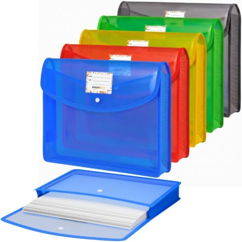 Image of Amazon Basics Multicolor Horizontal Opening File Folder, Poly-Plastic Documents Organizer, Transparent A4 /Foolscap Papers File Storage Bag with Snap Button, best for Office Use | Set of 5 - Multicolor