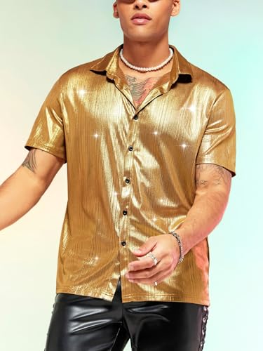 Verdusa Men's Metallic Button Down Shirt Short Sleeve Collar Glitter Top3
